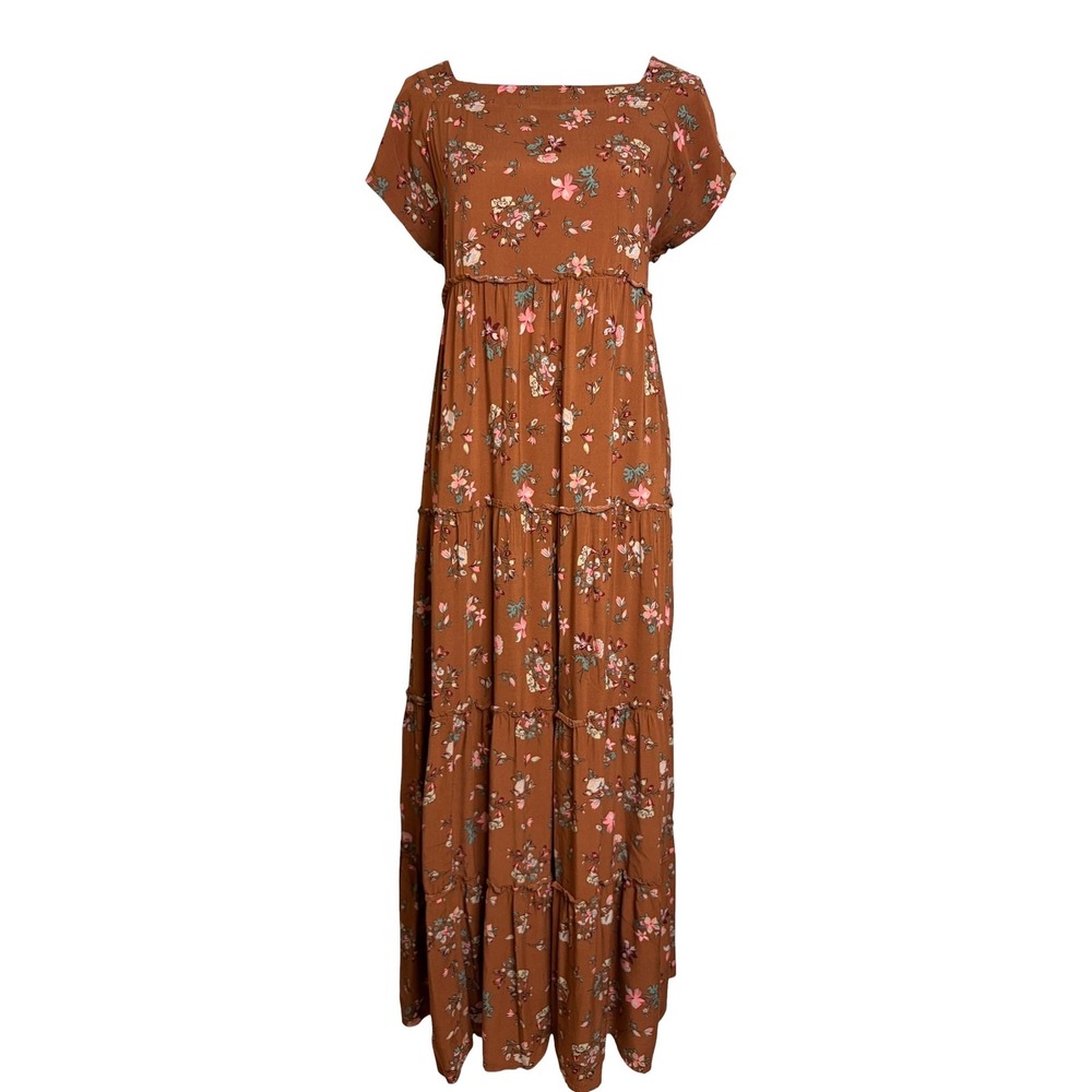Natural Life Berkley Brown Floral Tiered Maxi Dress L Boho Cottagecore Travel - Picture 3 of 8